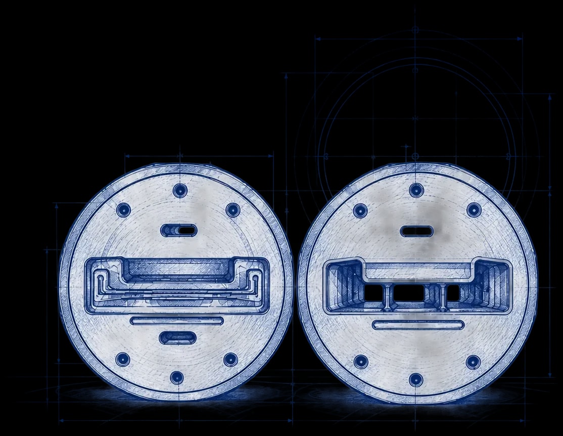 Blueprint drawing of two aluminium extrusion dies made in-house